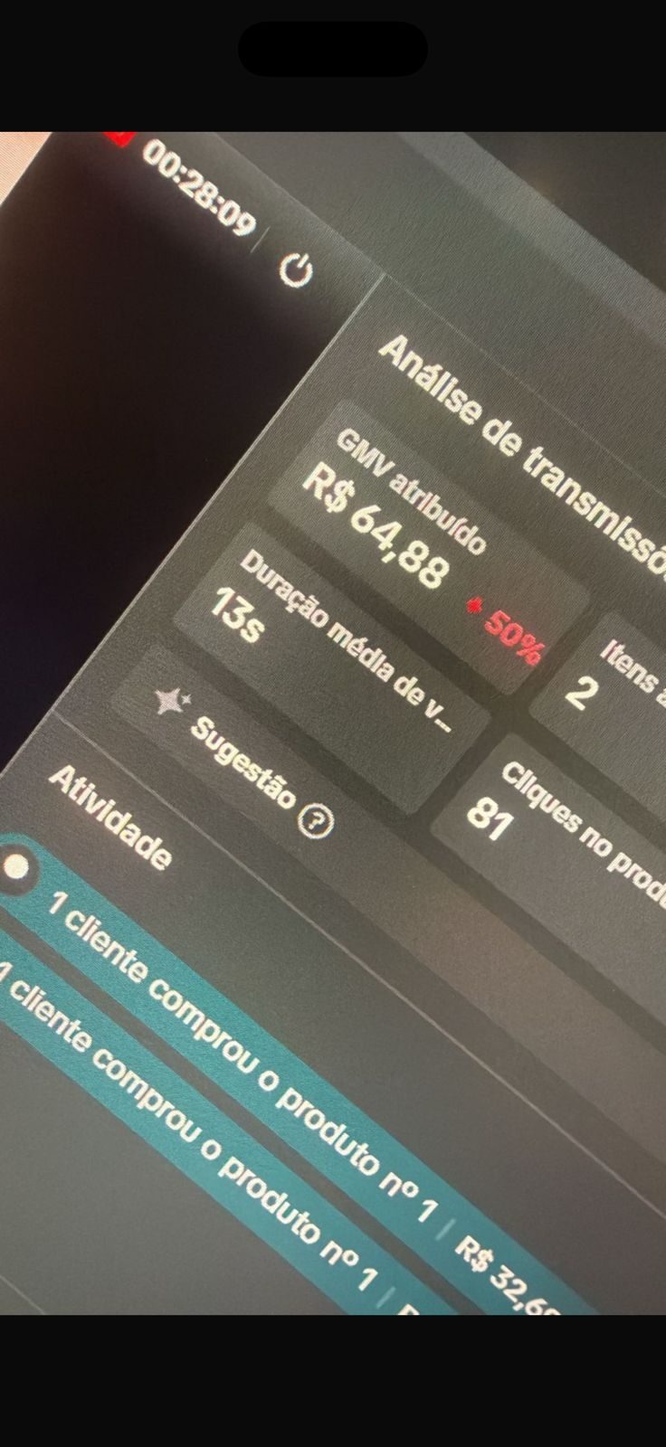 Print de resultado real de live no TikTok Shop