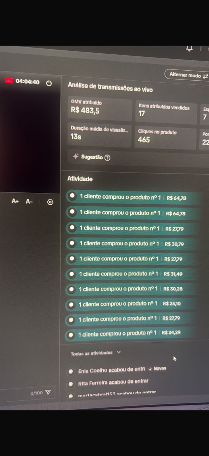 Print de resultado real de live no TikTok Shop