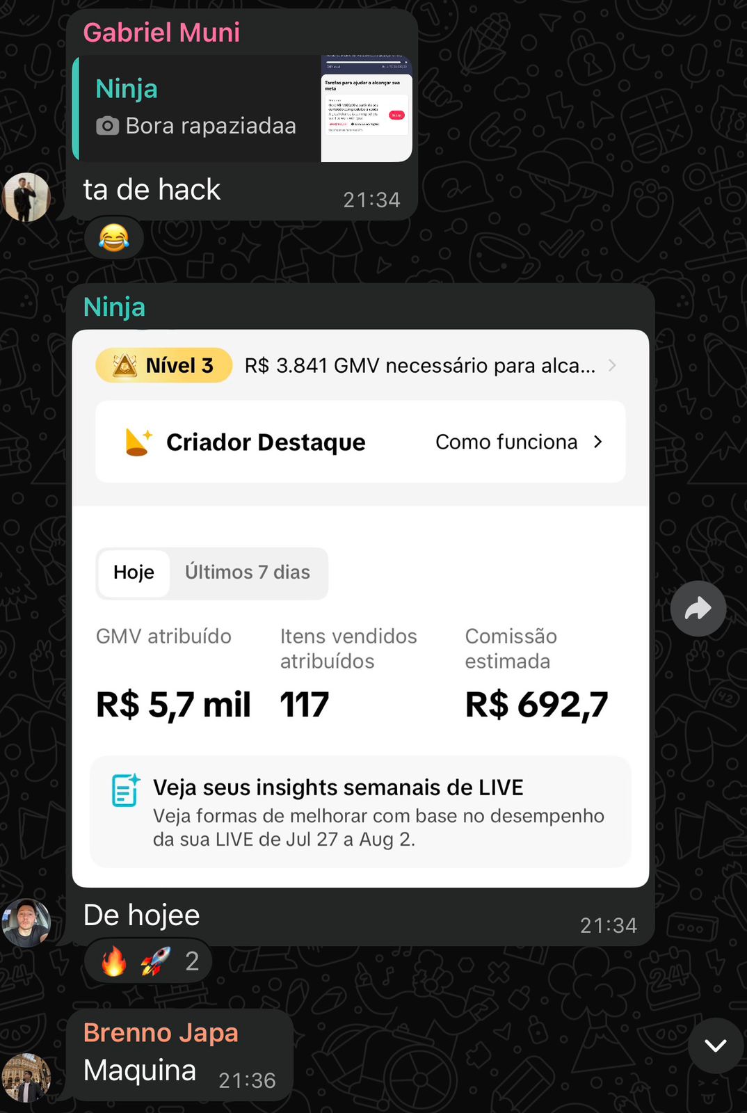 Print de resultado real de live no TikTok Shop