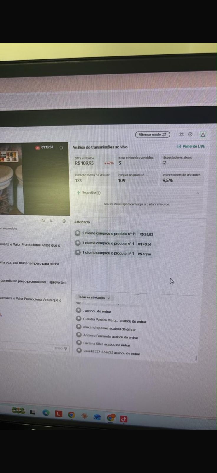 Print de resultado real de live no TikTok Shop