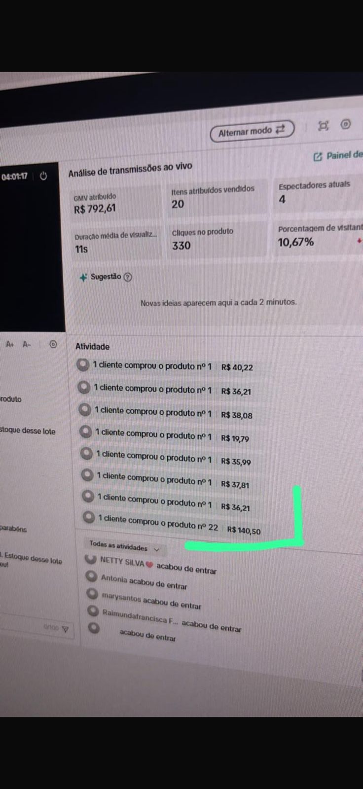 Print de resultado real de live no TikTok Shop