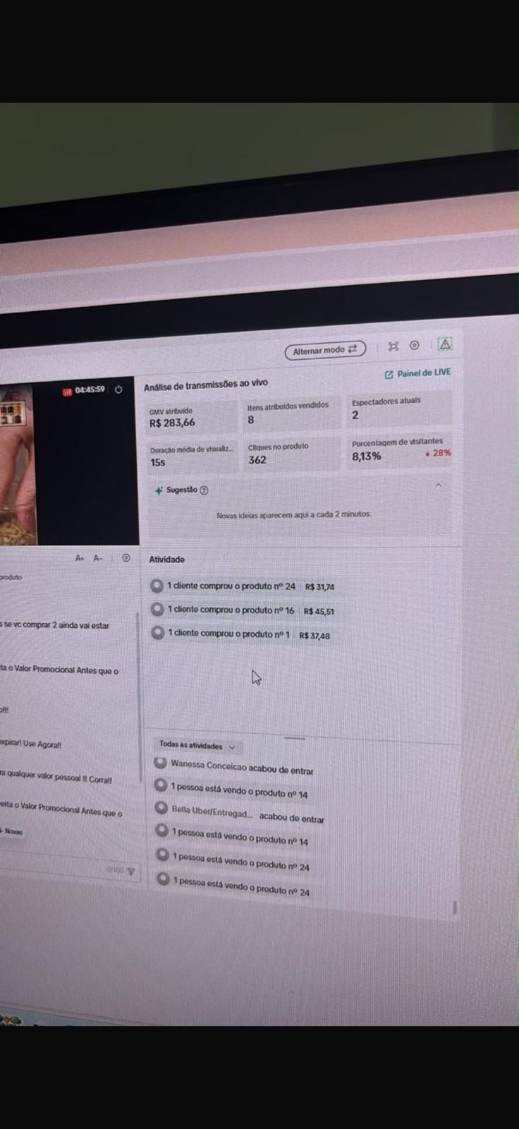 Print de resultado real de live no TikTok Shop