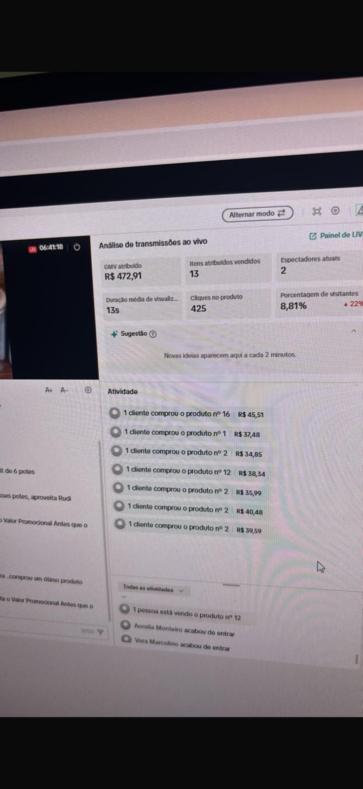Print de resultado real de live no TikTok Shop