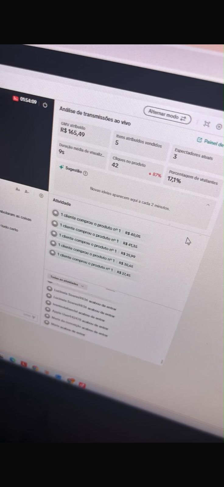 Print de resultado real de live no TikTok Shop