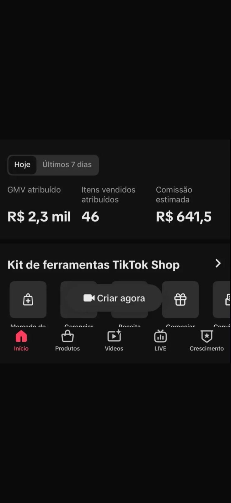 Print de resultado real de live no TikTok Shop