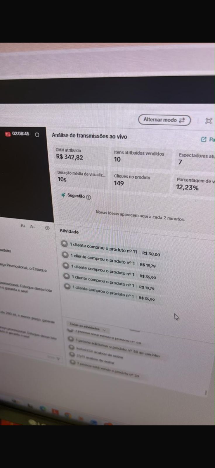 Print de resultado real de live no TikTok Shop