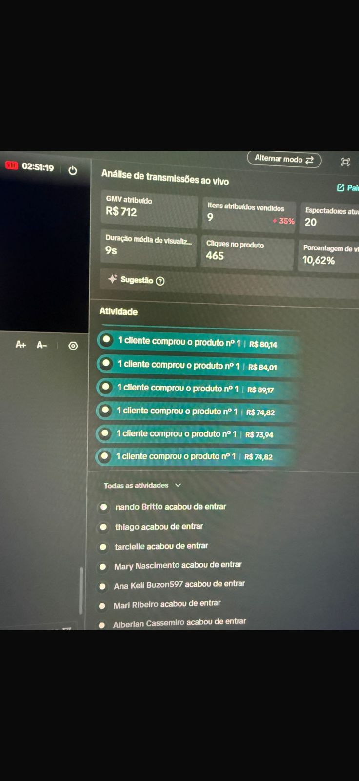 Print de resultado real de live no TikTok Shop