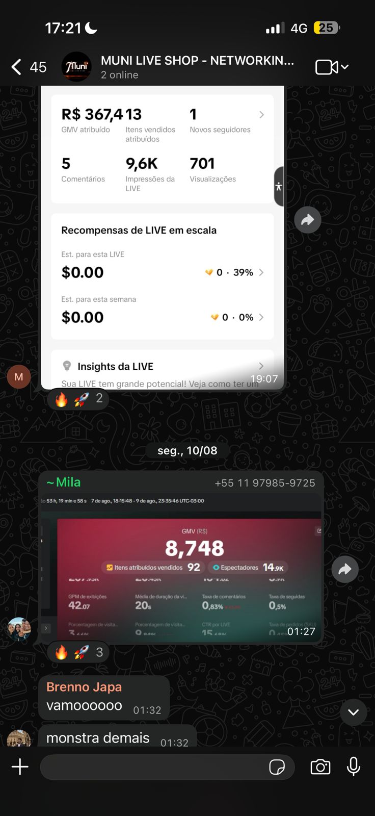 Print de resultado real de live no TikTok Shop