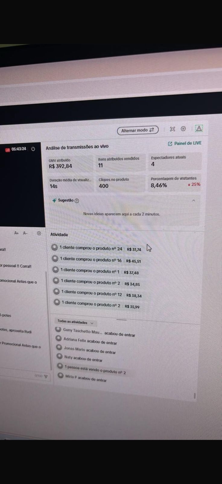Print de resultado real de live no TikTok Shop