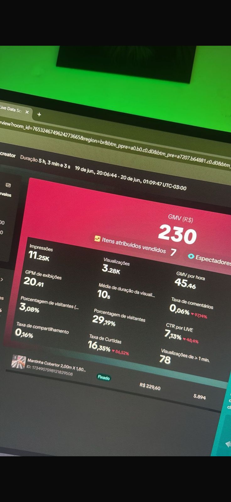 Print de resultado real de live no TikTok Shop