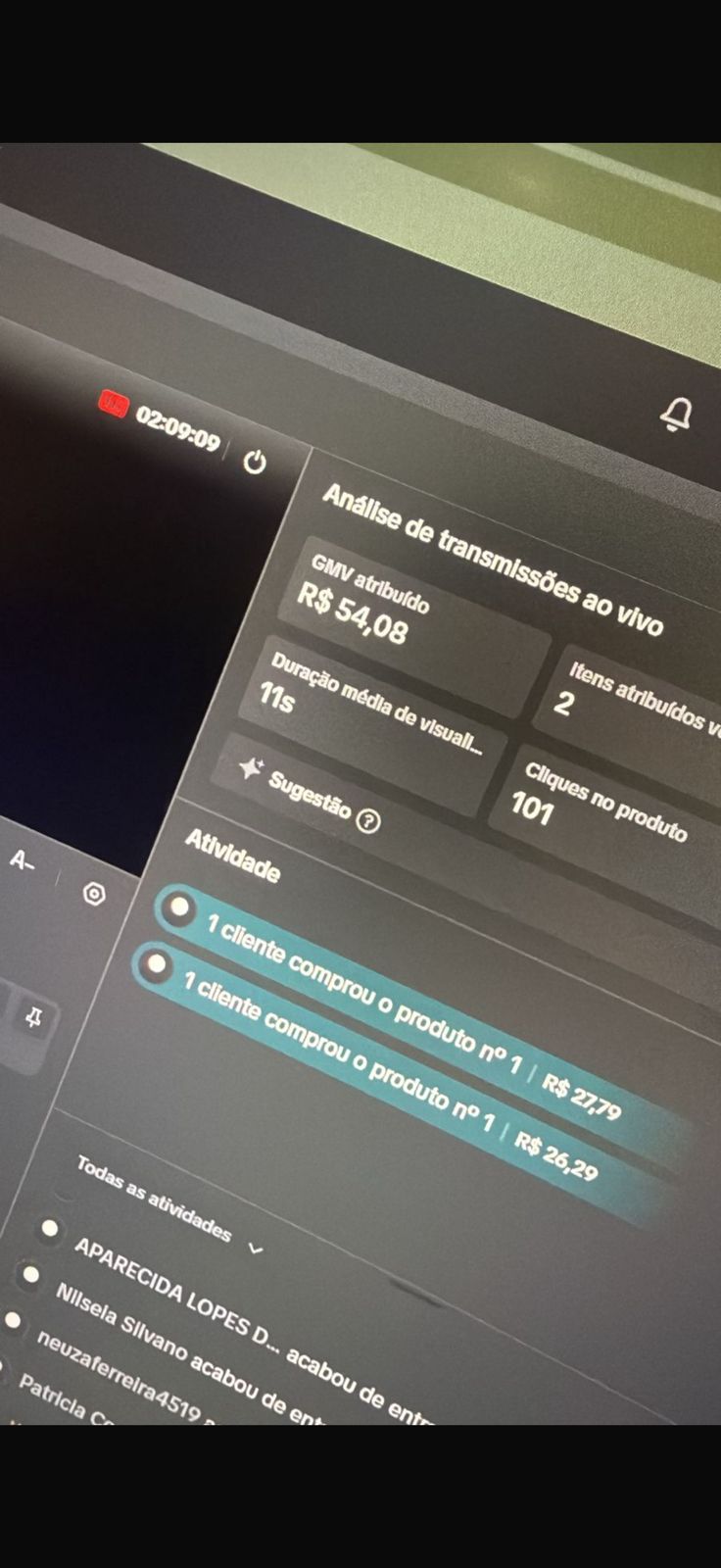 Print de resultado real de live no TikTok Shop