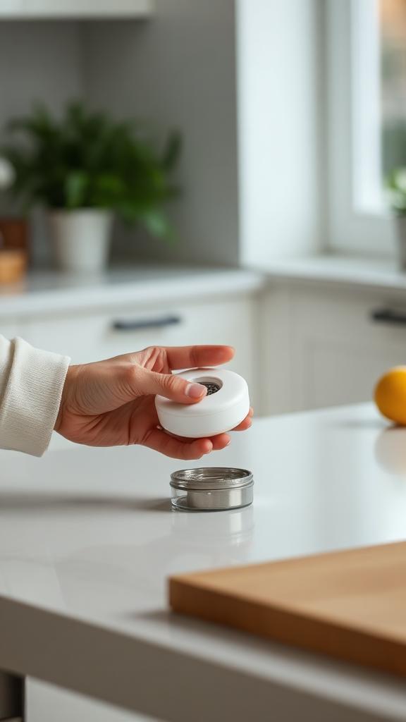 Mãos demonstrando um utensílio de cozinha durante uma live